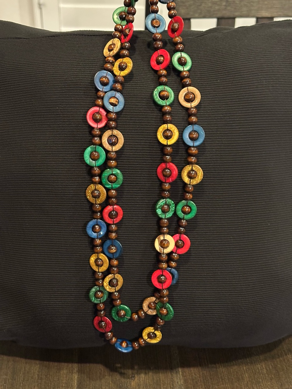 Vintage Bohemian Long Multi-Color Wood & Coconut Shell Disc Strand Neckla